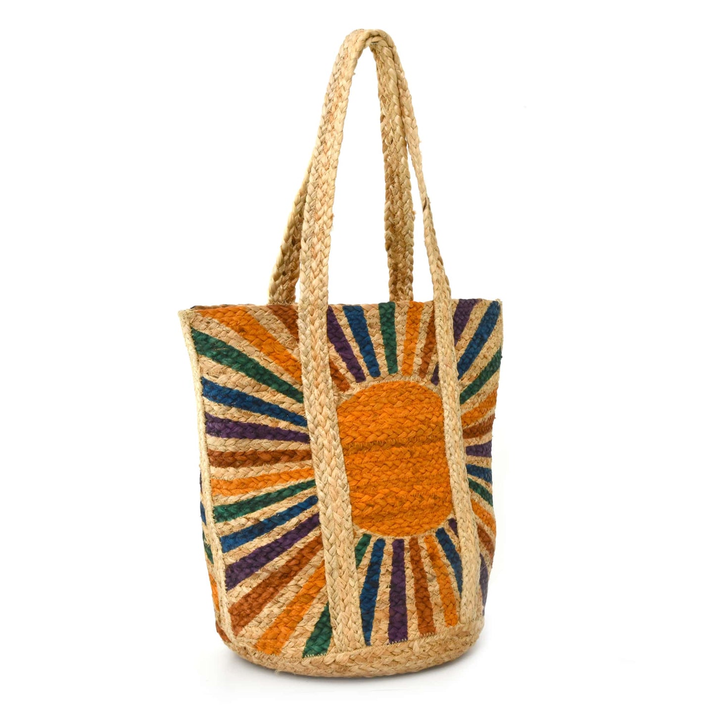 Style n Craft 37001  Unisex Beach and Shopping Tote Bag in Jute with Sunshine Print - Front Angled View