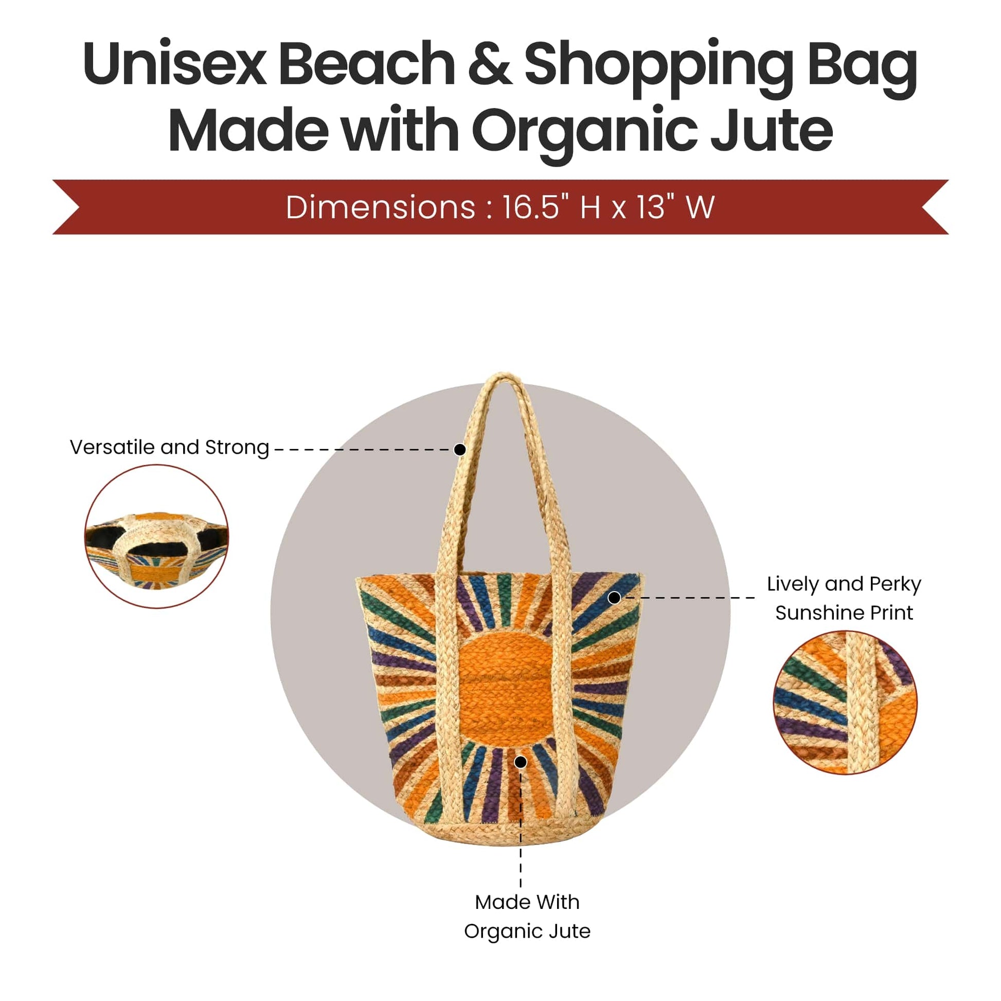 Style n Craft 37001  Unisex Beach and Shopping Tote Bag in Jute with Sunshine Print - Front View showing Details