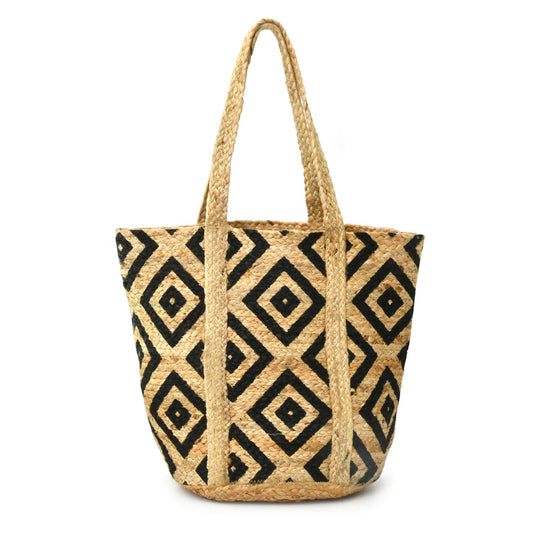 Style n Craft 37002 - Unisex Beach and Shopping Tote Bag in Jute with Black Double Diamond Print - Front View