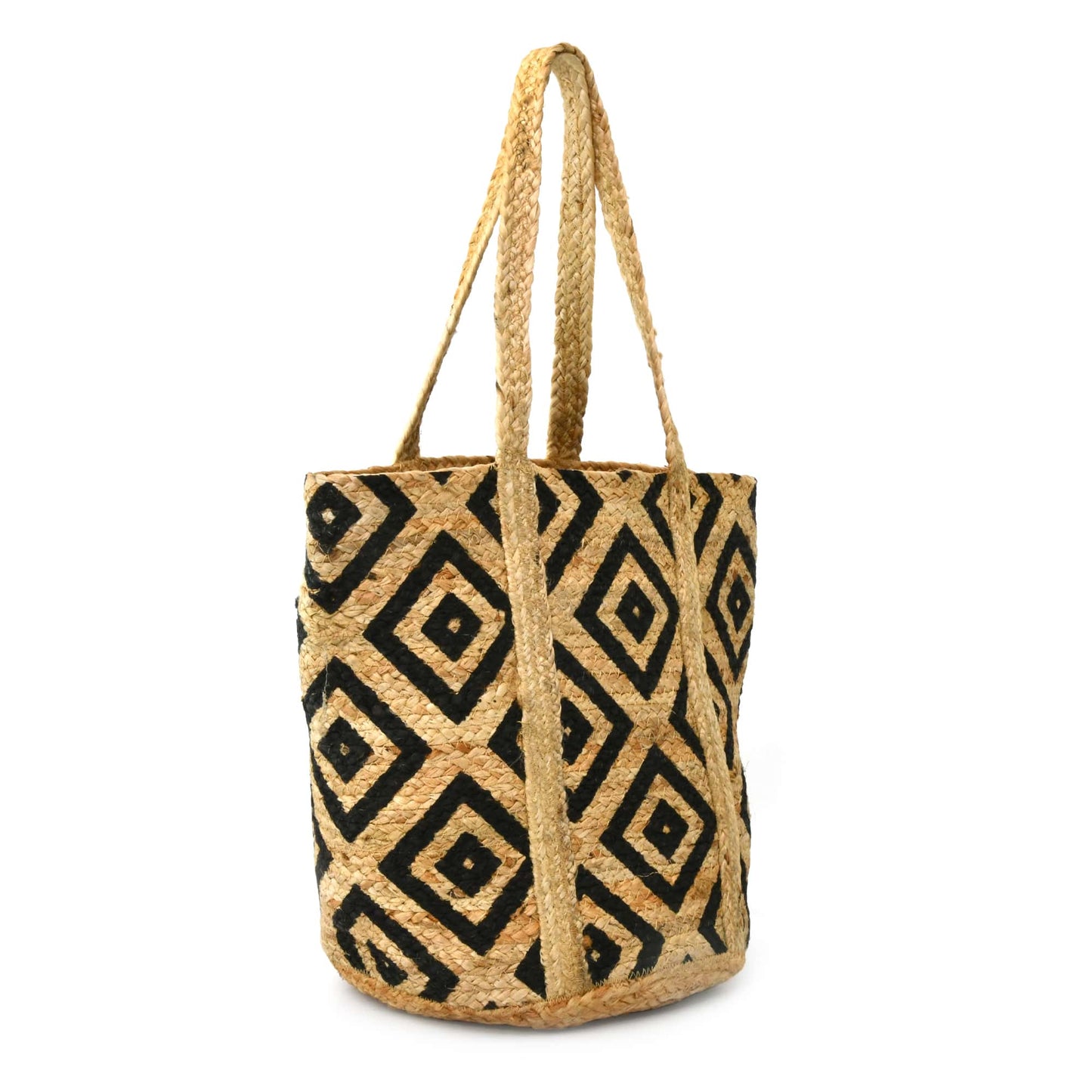 Style n Craft 37002 - Unisex Beach and Shopping Tote Bag in Jute with Black Double Diamond Print - Front Angled View