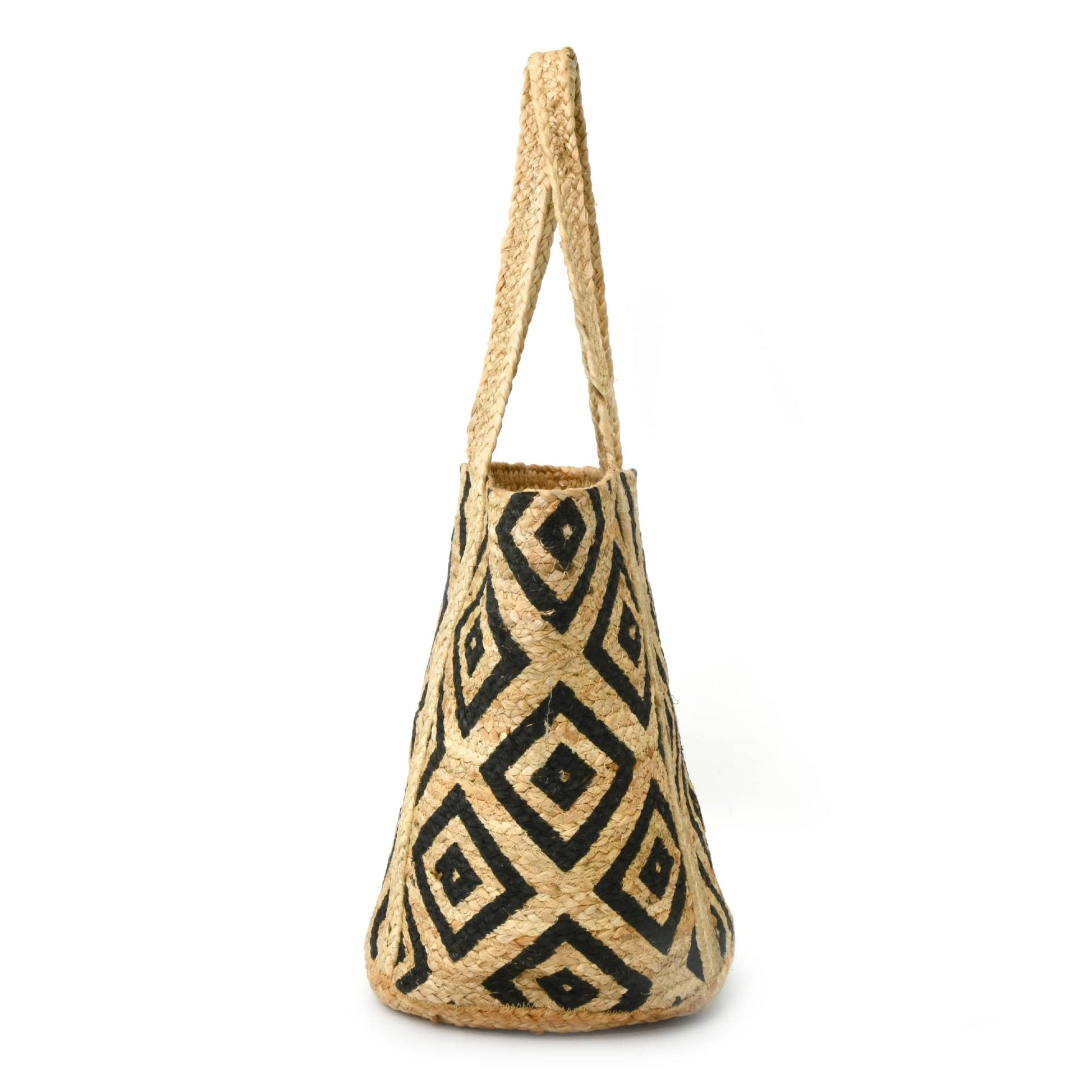 Style n Craft 37002 - Unisex Beach and Shopping Tote Bag in Jute with Black Double Diamond Print - Side View