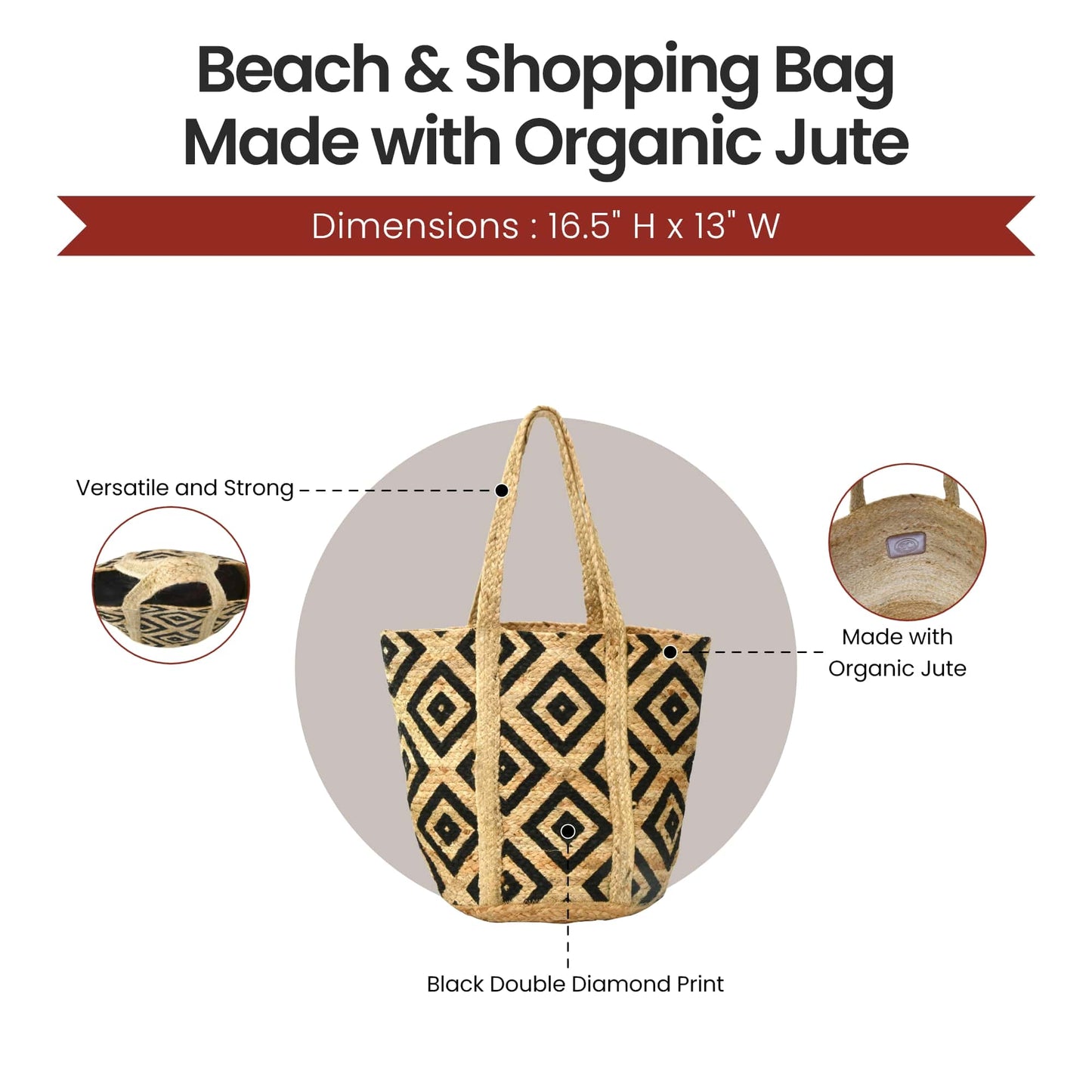 Style n Craft 37002 - Unisex Beach and Shopping Tote Bag in Jute with Black Double Diamond Print - Front View showing Details