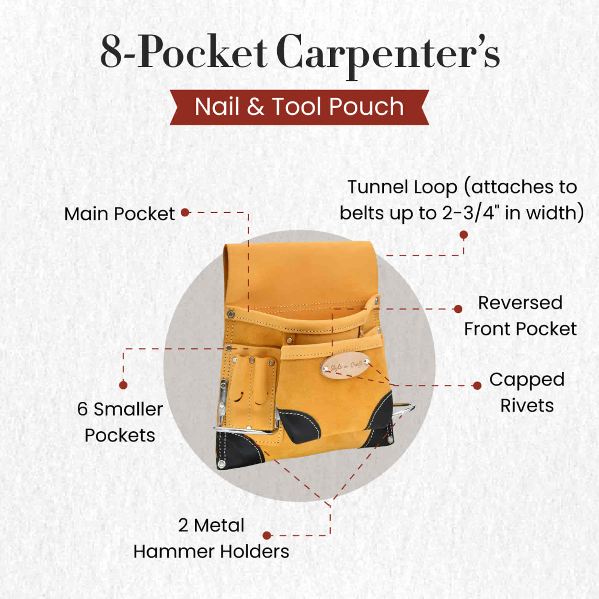 8 Pocket Carpenter's Nail & Tool Pouch in Full Grain Leather