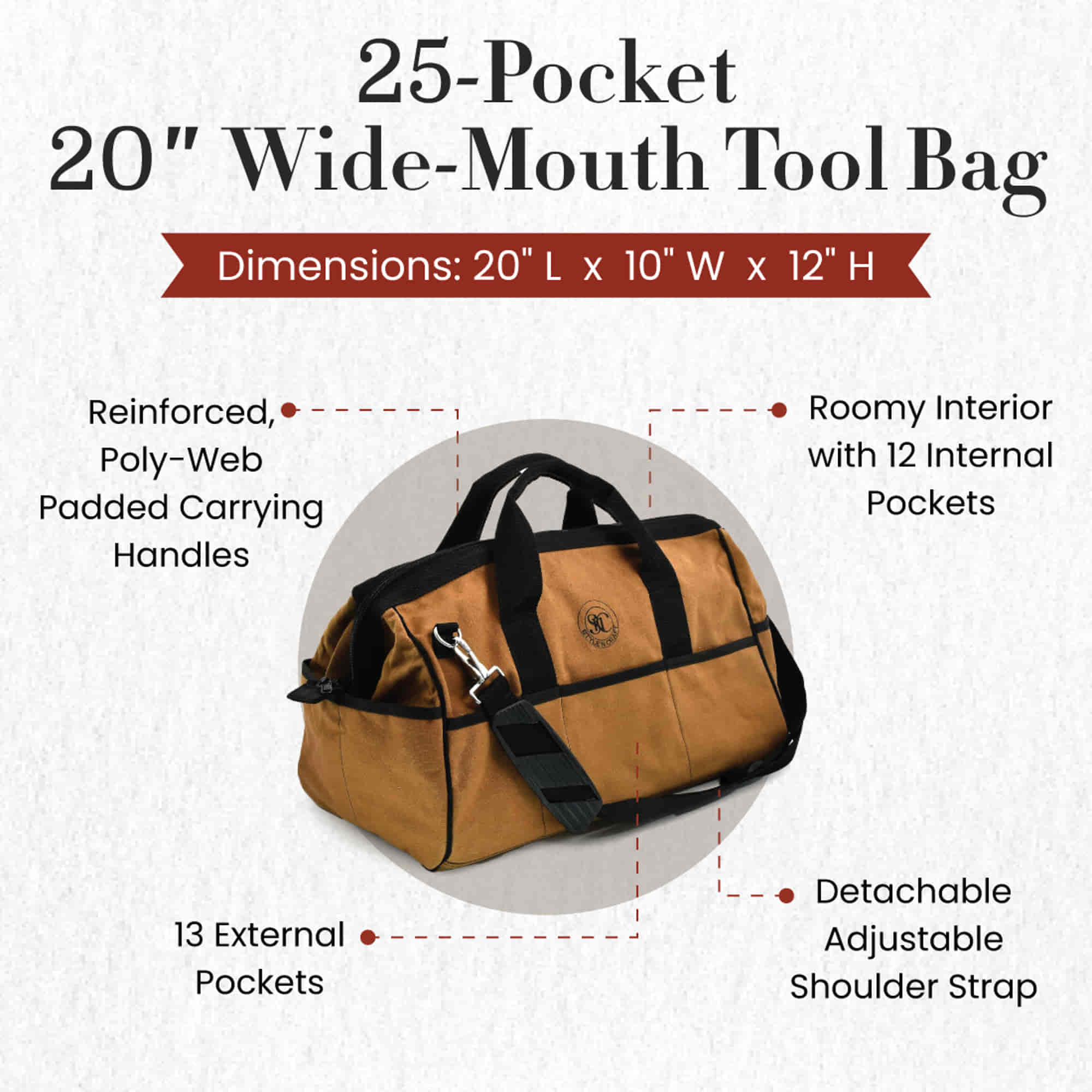 Wide Mouth Tool Bag | 25 Pocket 20 Inch Bag in Waterproof Canvas