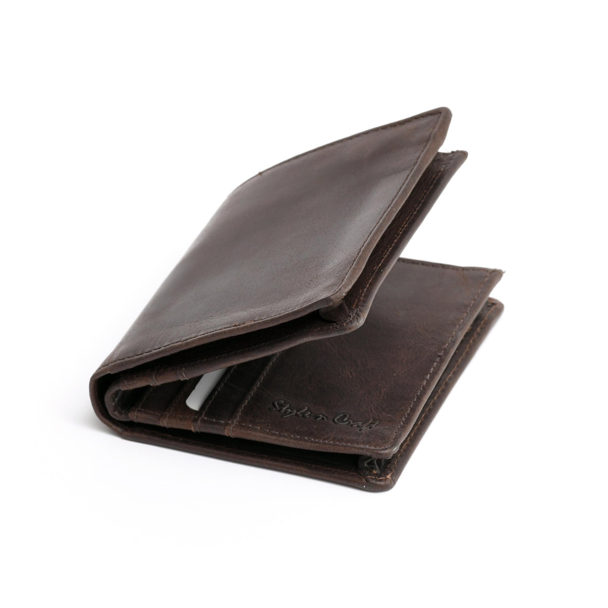 Bifold Hipster Wallet with Zipper Pocket in Dark Brown Leather, Style n  Craft