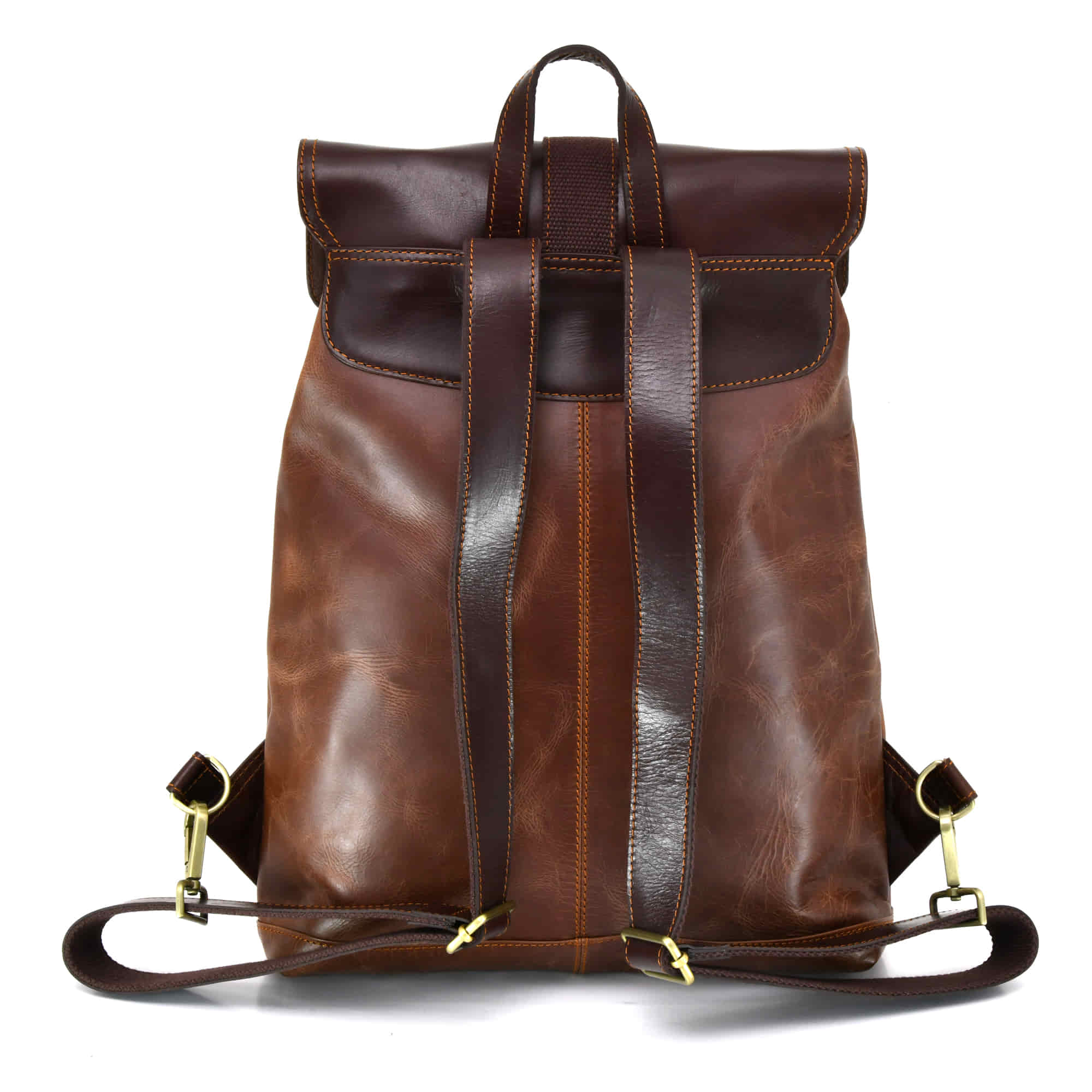 Tall Backpack in Full Grain Leather | Light & Dark Brown