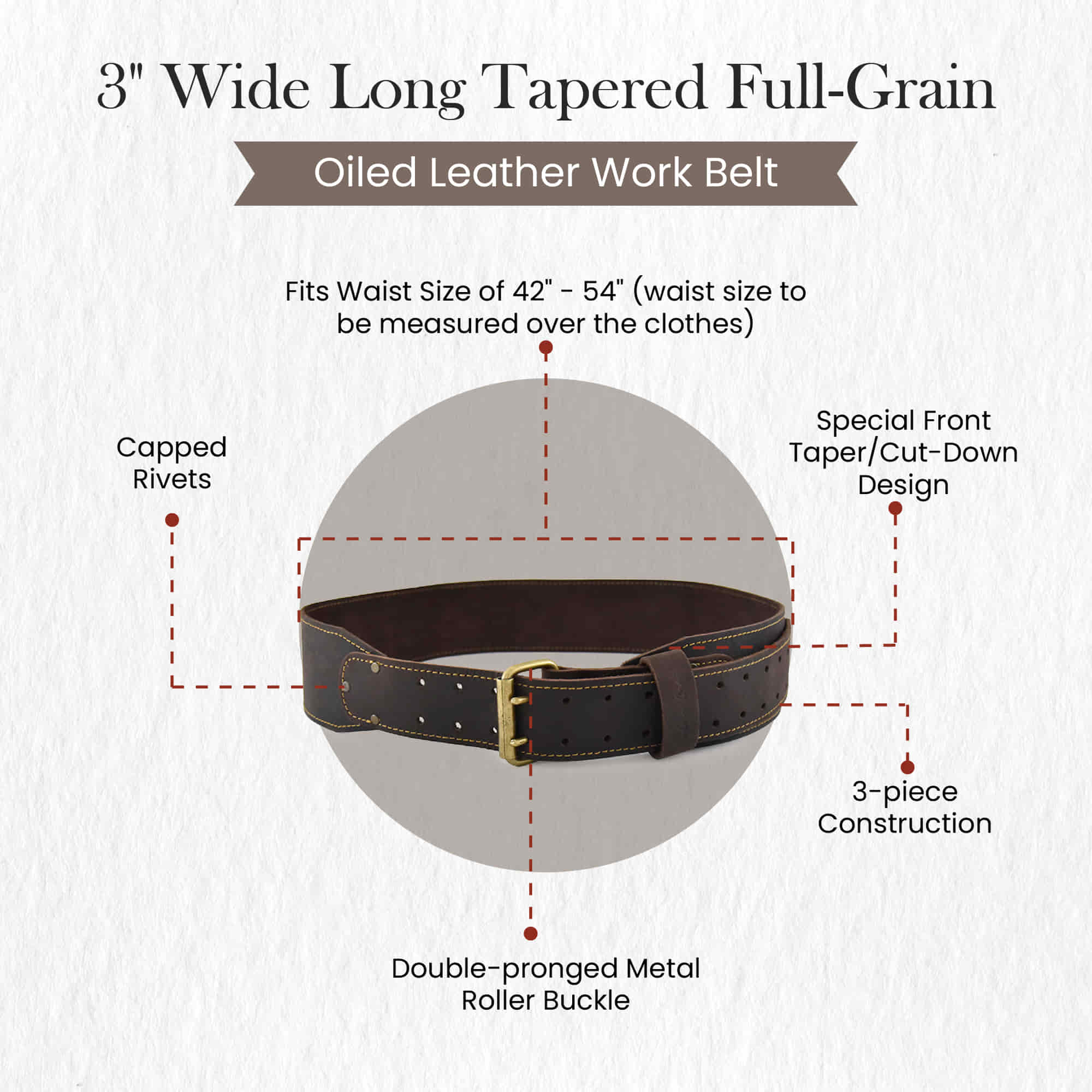3 Inch Wide, Long, Tapered, Work Belt in Oiled Full Grain Leather