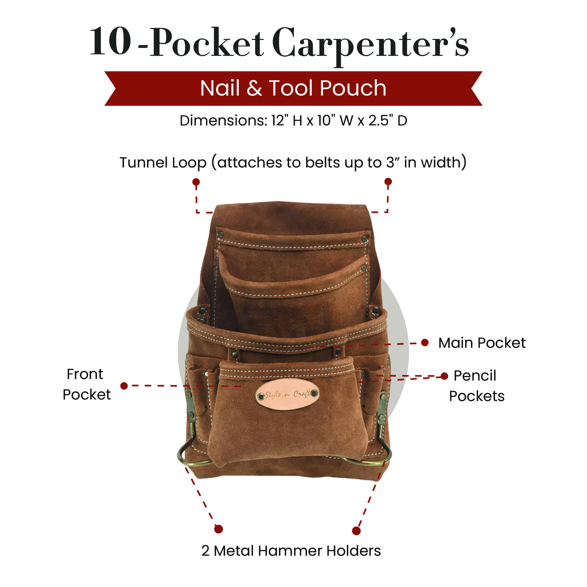 10 Pocket Carpenter's Nail and Tool Pouch in Suede Leather