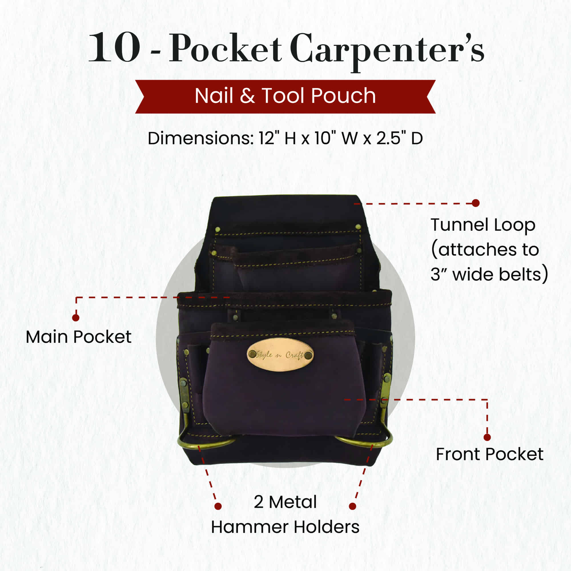 10 Pocket Tool Pouch | Carpenter's Nail Pouch in Oiled Full Grain